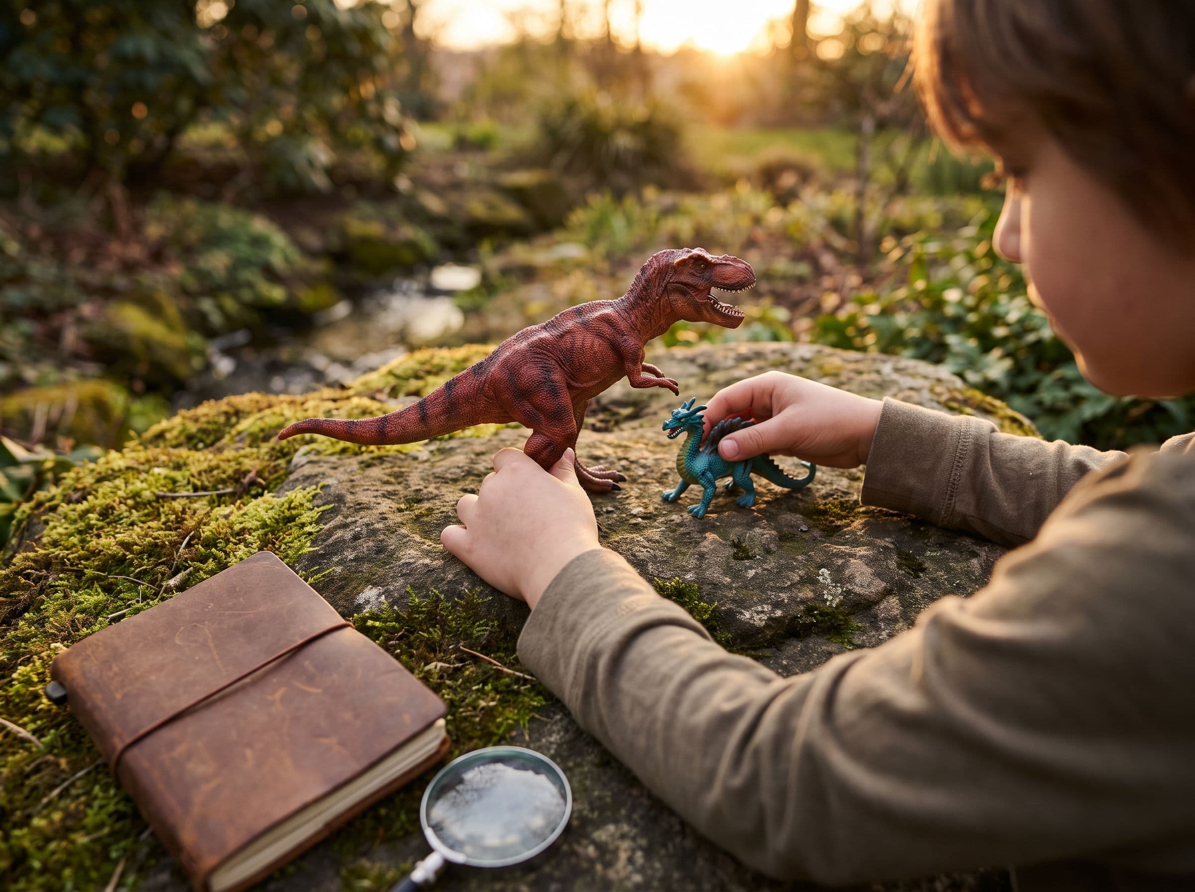 Niños jugando con figuras de dinosaurios